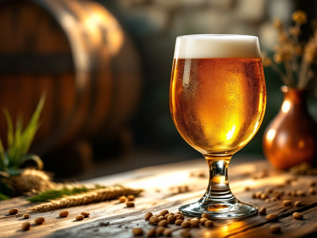 Tripel bier in authentiek abdijkelkglas met goudamber kleur en romige schuimkraag op houten tafel, omringd door brouwgerst en hop in een traditionele Belgische kloosterbrouwerij