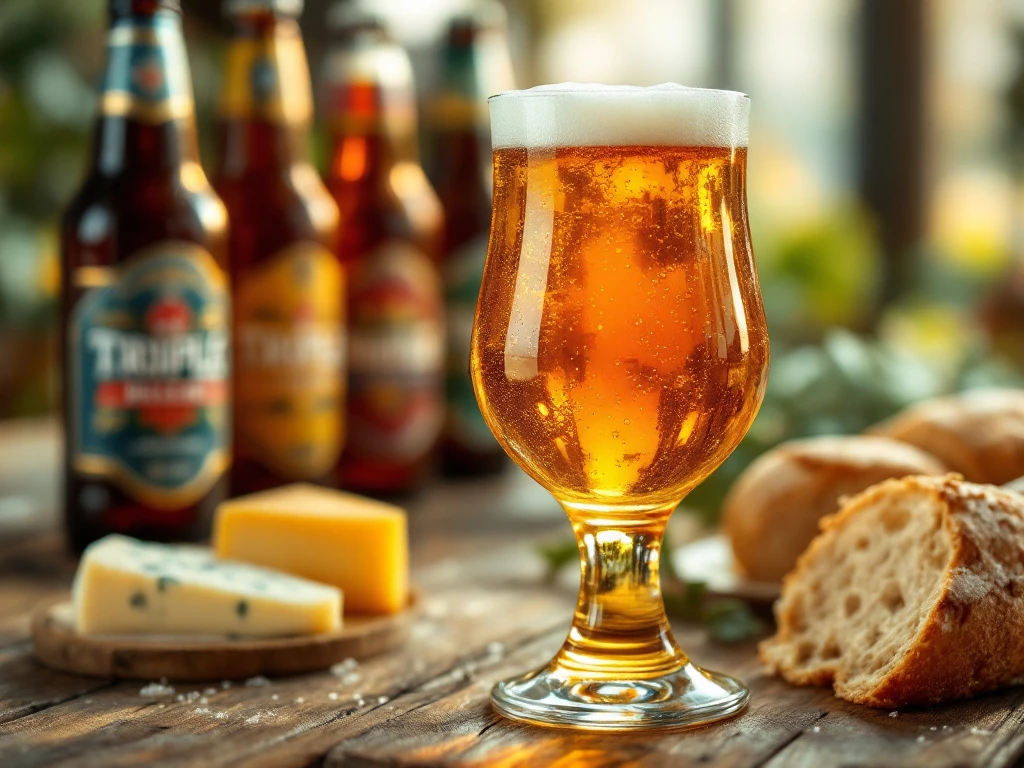 7 manieren om optimaal te genieten van tripel bier 10 Tulpglas gevuld met gouden tripel bier met romig schuim op houten tafel met kaas, brood en bierflessen op achtergrond