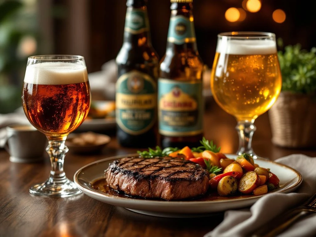 Luxe gedekte tafel met gegrilde biefstuk en kleurrijke groenten, geserveerd met twee ambachtelijke bieren in verschillende glazen onder sfeervol warm licht.