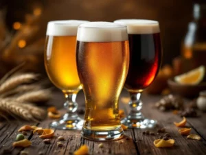Recepten en Blog 1 Drie ambachtelijke alcoholvrije bieren in elegante glazen op een rustieke houten tafel, met brouwingrediënten zoals gerst en hop zichtbaar op de achtergrond.