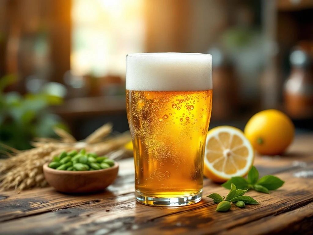 Glas ambachtelijk alcoholvrij bier met schuimige kop op houten bartop, omringd door gerst, hop en citrusschijfjes in warm natuurlijk licht.