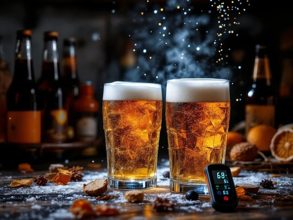 Flessen alcoholvrij ambachtelijk bier met condensatie in koelkast op 6-8°C, omgeven door blauwe verlichting en een digitale thermometer.