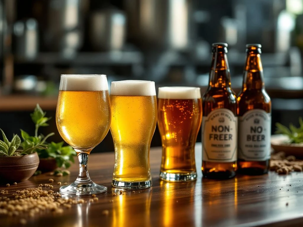 Alcoholvrije ambachtelijke bieren op houten proeftafel: een glas goudkleurig bier naast een proeverij van vier variëteiten met brouwingrediënten