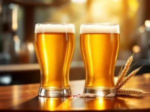 Twee bierglazen op gepolijste houten bar; links alcoholvrij bier, rechts hetzelfde bier met allergie-indicatoren zoals tarwe en rode vlekken in zonlicht.