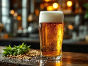 Recepten en Blog 3 Glas alcoholvrij bier met romige schuimkraag op houten bartop, omringd door hop en gerst. Condensdruppels op het glas, goudamber bier in ambachtelijke brouwerijomgeving.