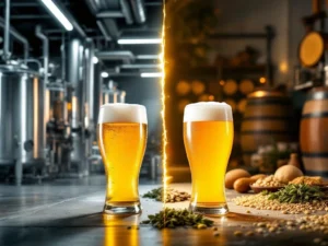 Recepten en Blog 2 Splitscreen-contrast tussen industriële en ambachtelijke alcoholvrije bierproductie, met stalen tanks versus houten vaten en verschillend uitziend bier in glazen.