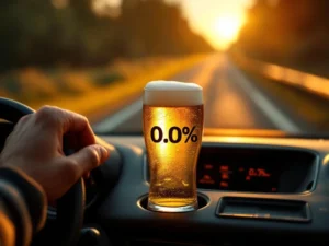 Recepten en Blog 5 Alcohol-vrij biertje in bekerhouder van auto dashboard, hand aan stuurwiel tijdens rit op Nederlandse snelweg in warme avondzon.