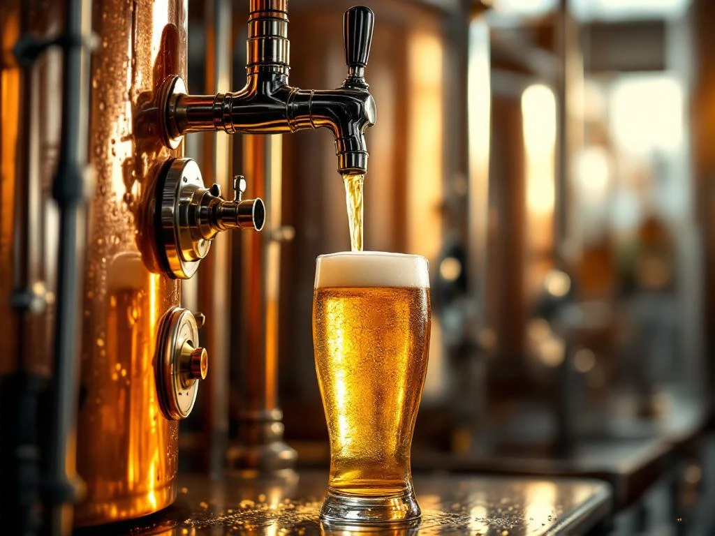 Koperen brouwketel met condensdruppels waar alcoholvrij bier wordt geproduceerd. Gouden bier stroomt in een glas met schuimkraag. Vage gistingstanks op de achtergrond.