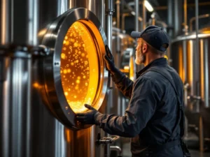 Brouwmeester inspecteert koperen ketel voor alcoholvrij bier met zichtbare goudkleurige vloeistof, twee proefglazen en smaakwiel in een ambachtelijke brouwerij.