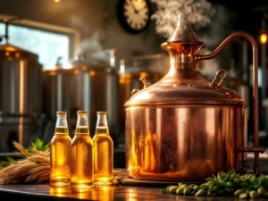 Recepten en Blog 1 Koperen brouwketel met condensatie tijdens het bereidingsproces van alcoholvrij bier, met stoom en flessen gereed product naast verse hop en gerst.