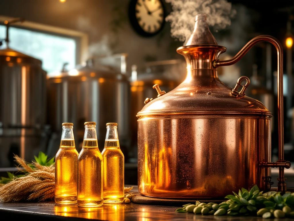 Koperen brouwketel met condensatie tijdens het bereidingsproces van alcoholvrij bier, met stoom en flessen gereed product naast verse hop en gerst.