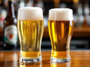 Twee verschillende alcoholvrije bieren op houten bar: Duits tarwebier met dikke schuimkraag links en Nederlands pilsner met dunne schuimlaag rechts.