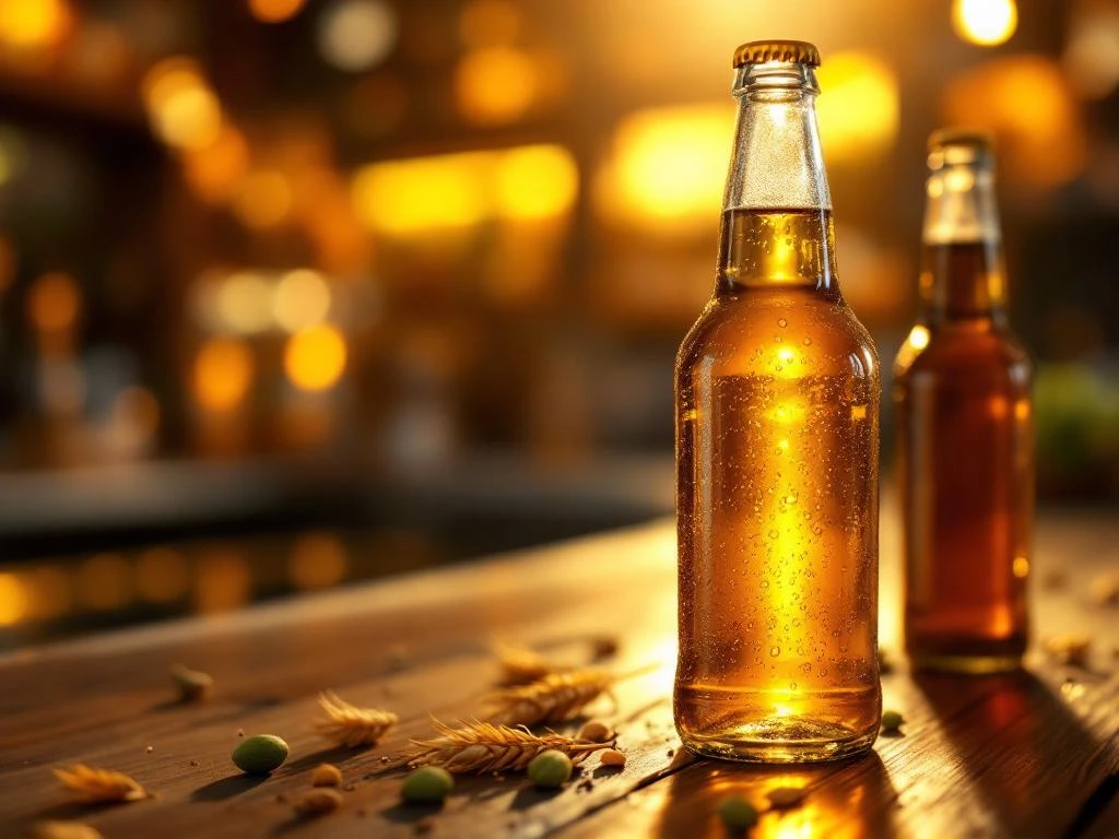 Evolutie van alcoholvrij bier: moderne ambachtelijke fles op houten bar met historische flessen op tijdlijn, versierd met gerst en hop in warm amberkleurig licht.