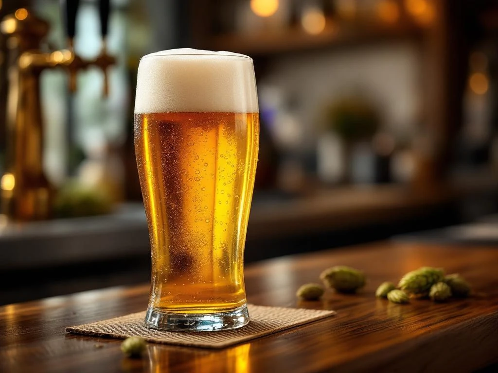 Elegant glas alcoholvrij bier met romige schuimkraag op houten bartop, omringd door hopbellen, met condensdruppels en warme amberkleurige verlichting.