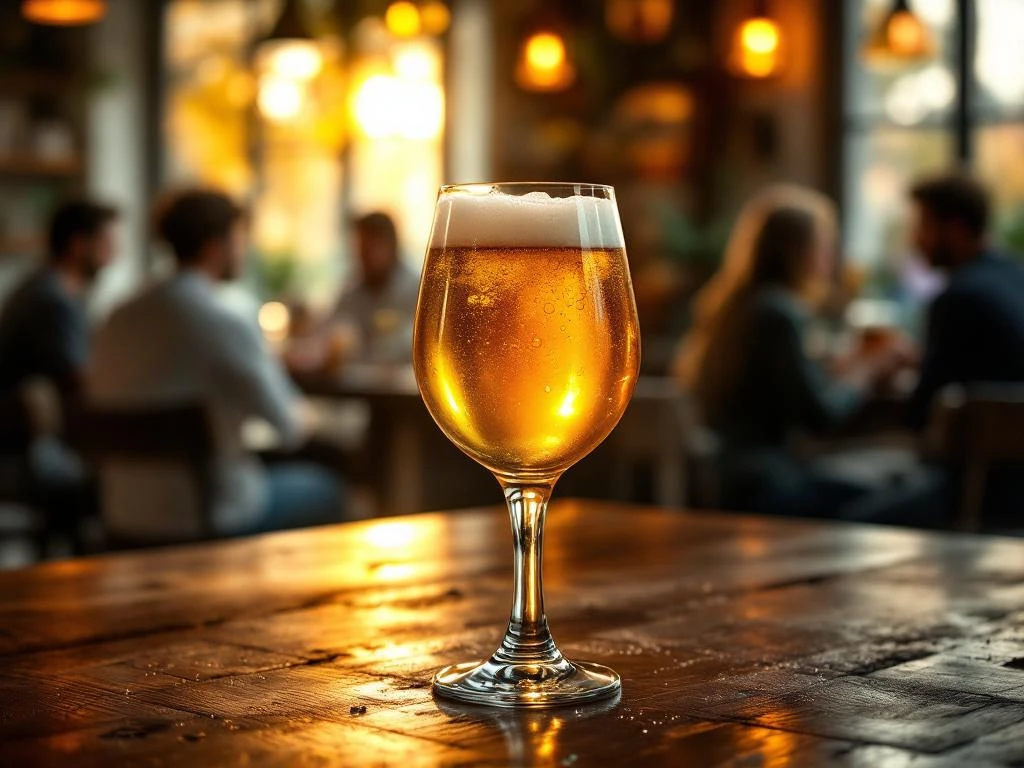 Glazen alcoholvrij bier met romige schuimkraag op houten bartafel in een gezellige, warm verlichte craftbier-setting met silhouetten van mensen.