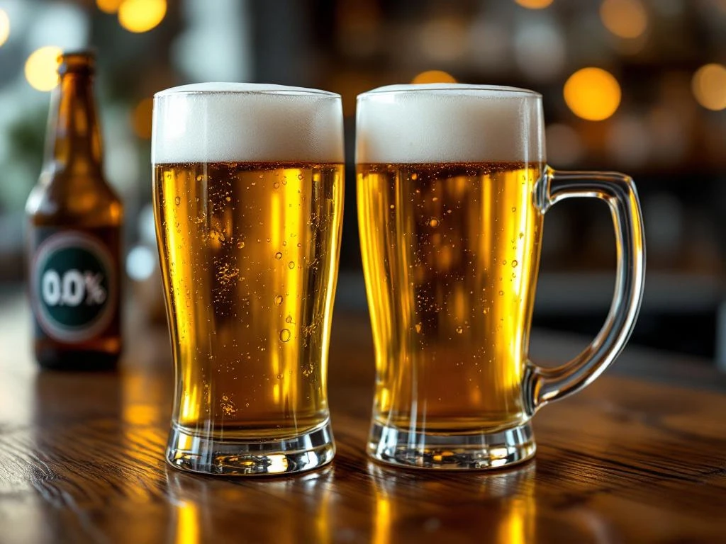 Twee bierglazen op houten bar: één vol goudkleurig alcoholvrij bier (0.0%) met schuimkraag, ander halfleeg, in warme sfeervolle omgeving.