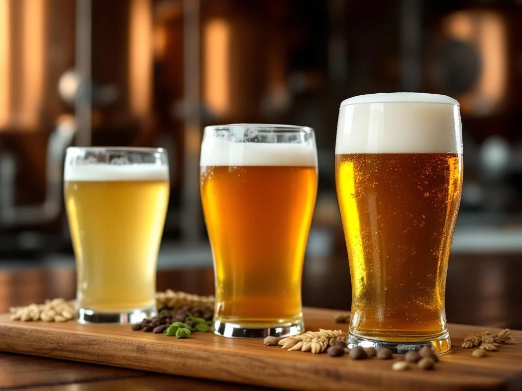 Drie non-alcoholische bieren op proefplank tonen evolutie van waterig naar rijk ambachtelijk bier met perfecte schuimkraag, tegen achtergrond van brouwerij.