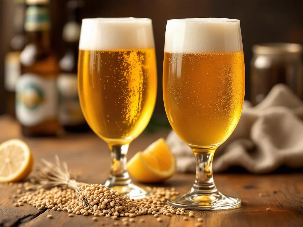 Twee elegante glazen alcoholvrij bier met perfecte schuimkraag op rustieke houten tafel, omgeven door glutenvrije bierflessen en granen.