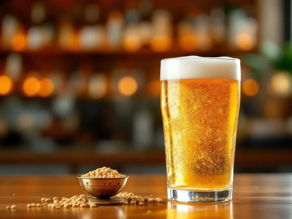 Glas alcoholvrij bier met witte schuimkraag op houten bar, ernaast een vintage weegschaal met gerst die calorieën suggereert, in warm amberkleurig licht.