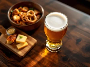 Recepten en Blog 2 Glas alcoholvrij bier met schuimkraag op houten tafel, omringd door kaas, pretzels, kippenvleugels en zeevruchten in warm licht.