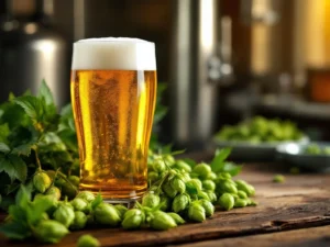 Glas alcoholvrij bier met schuimige kraag naast verse groene hopbellen op rustieke houten tafel, belicht door natuurlijk zonlicht.