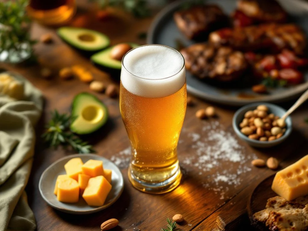 Glas alcoholvrij bier (0,0%) met perfecte schuimkraag op houten tafel, omringd door keto-vriendelijke voedingsmiddelen in warme brouwerijsfeer.