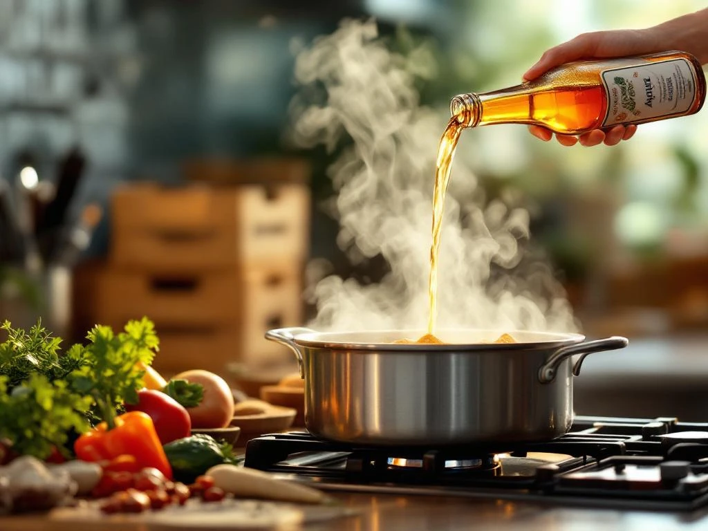 Fles alcoholvrij bier wordt in een stoofpot gegoten op modern fornuis, omringd door verse ingrediënten in een warme keukensfeer met stoom.