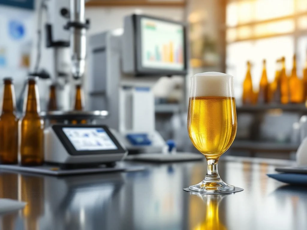 Glas alcoholvrij bier met romige schuimkraag in kwaliteitscontrolelaboratorium, omringd door testapparatuur, refractometer en spectrometer die analytische gegevens tonen.