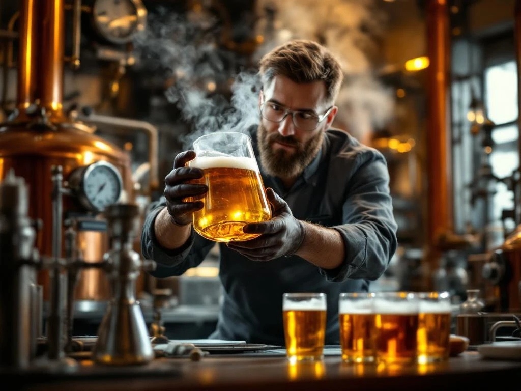 Meesterbrouwer onderzoekt gouden alcoholvrij bier in een laboratoriumfles binnen moderne microbrouwerij met koperen ketels en wetenschappelijke apparatuur.