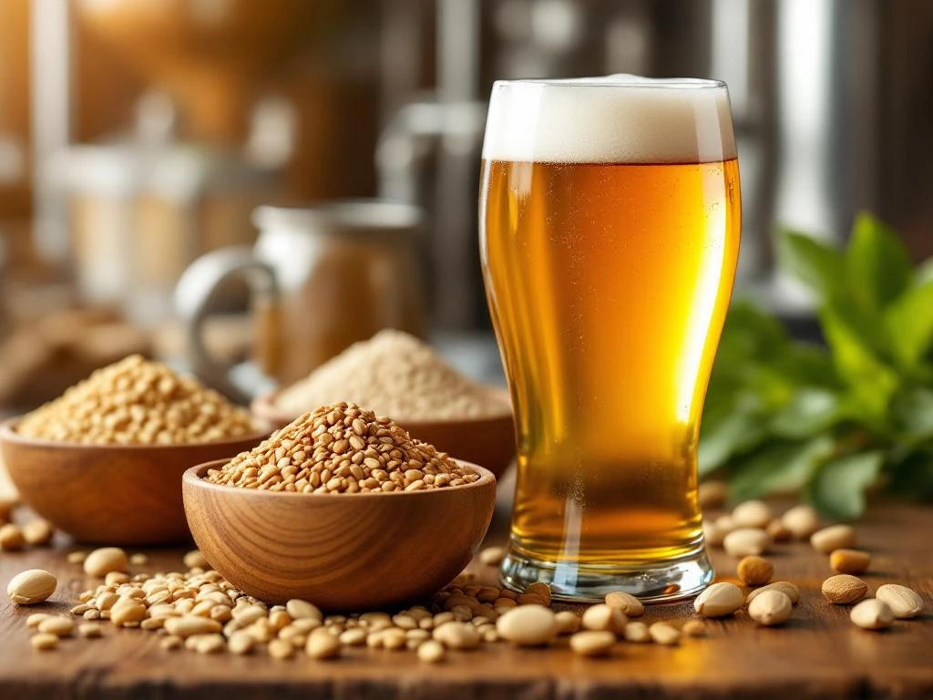 Glas goudkleurig alcoholvrij bier met romige schuimkraag, omringd door houten kommetjes met verschillende moutkorrels op een rustieke brouwerijstafel.