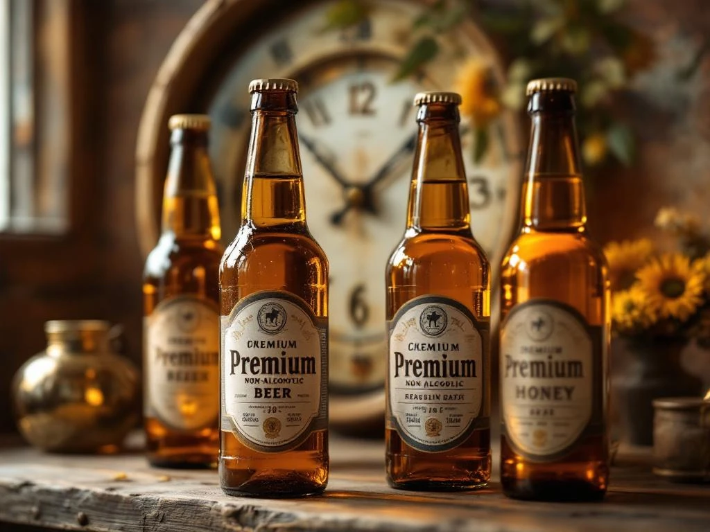 Premium alcoholvrije bierflesjes op rustieke houten plank, met verschillende productiedata die het verouderingsproces tonen in warm omgevingslicht.