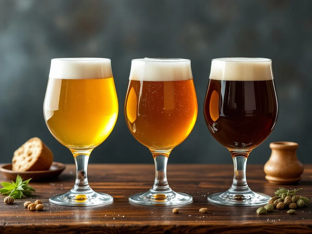 Professionele proeverij van drie alcoholvrije bieren in elegante glazen op houten tafel met tasting-notities, hopbellen en brouwketels op achtergrond.