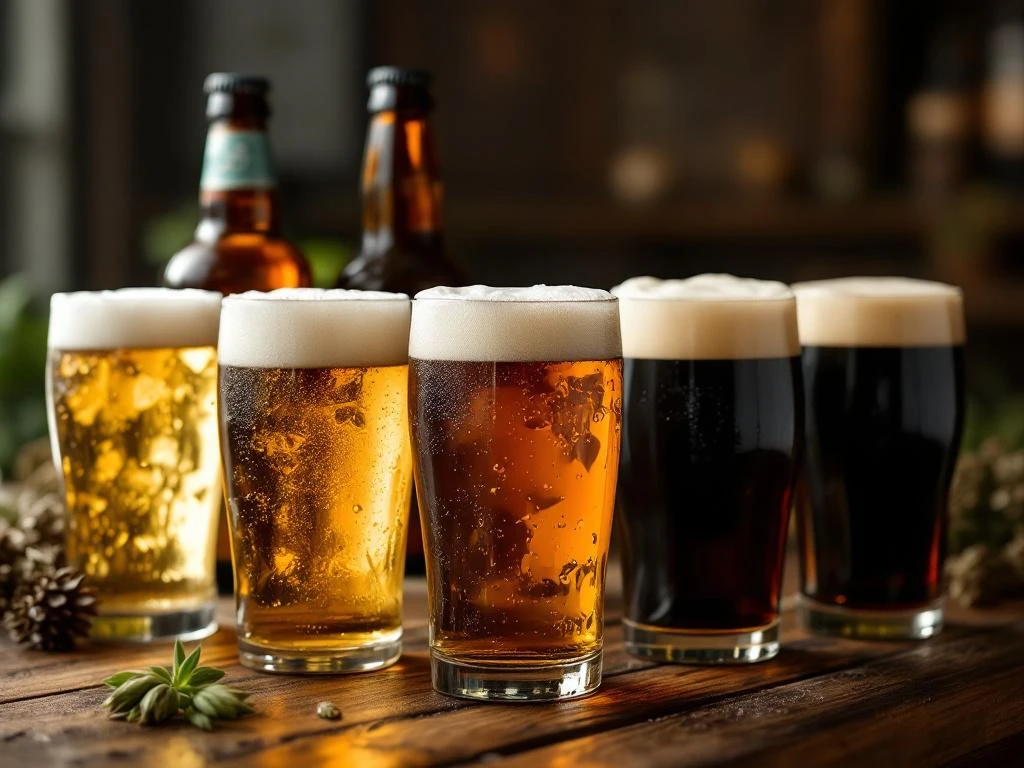 Diverse alcoholvrije bieren op rustieke houten tafel - tarwebier, amberkleurig pils en donkere stout met romige schuimkraag, geserveerd in elegante glazen.