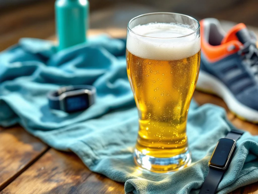 Gekoeld glas alcoholvrij bier met schuimkraag op een sporttowel, omringd door sportuitrusting zoals een waterfles, fitnesstracker en hardloopschoenen in natuurlijk licht.