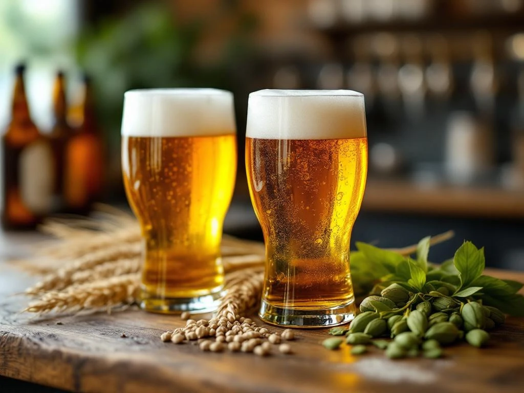Twee kristalheldere glazen alcoholvrij bier met perfect schuim op een rustieke houten bar, omringd door veganistische brouwingrediënten zoals gerst, hop en tarwe.