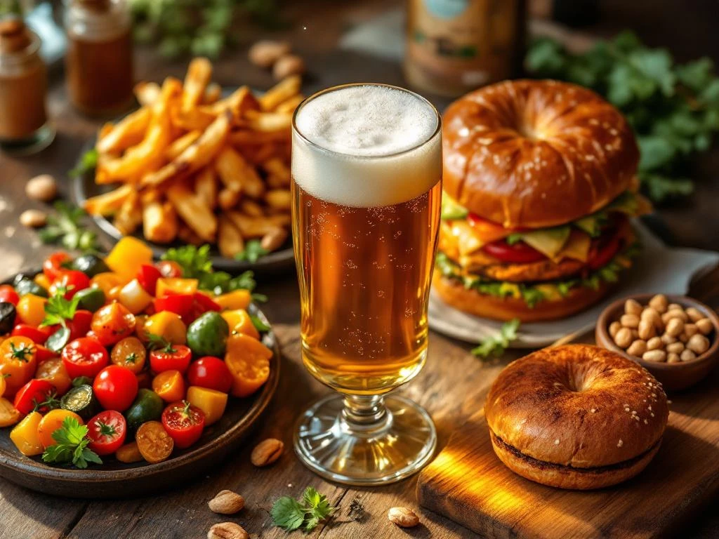 Glas alcoholvrij bier met schuimkraag op houten tafel, omringd door vegetarisch festijn van geroosterde groenten, burger, zoete aardappelfrietjes en noten in warm licht.
