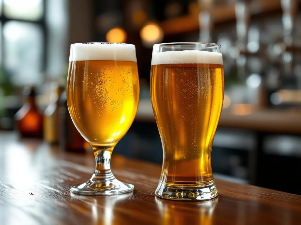 Twee bierglazen op houten bar: premium alcoholvrij bier met perfecte schuimkraag naast inferieur troebel bier in sfeervolle Nederlandse craftbierbar.