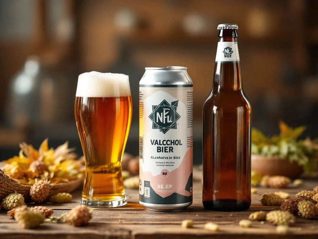 Drie verpakkingen alcoholvrij bier met condensdruppels op rustieke houten tafel met hop en gerst decoratie, onder natuurlijk licht dat de goudkleurige drank toont.