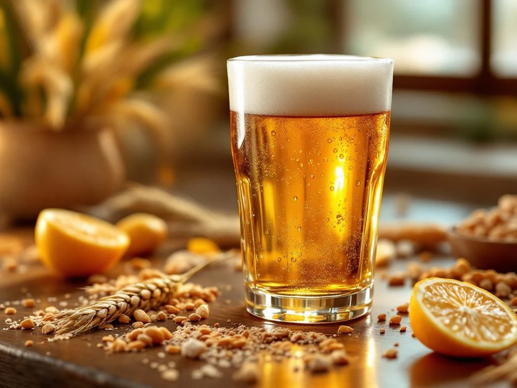 Glas ambachtelijk alcoholvrij bier met schuimkraag op houten tafel, omringd door ingrediënten die vitaminen en mineralen tonen.