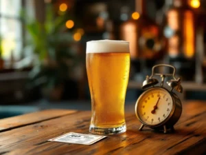 Glas alcoholvrij bier met perfecte schuimkraag op rustieke houten tafel, naast calorieteller en voedingsetiket, met brouwerij op achtergrond.