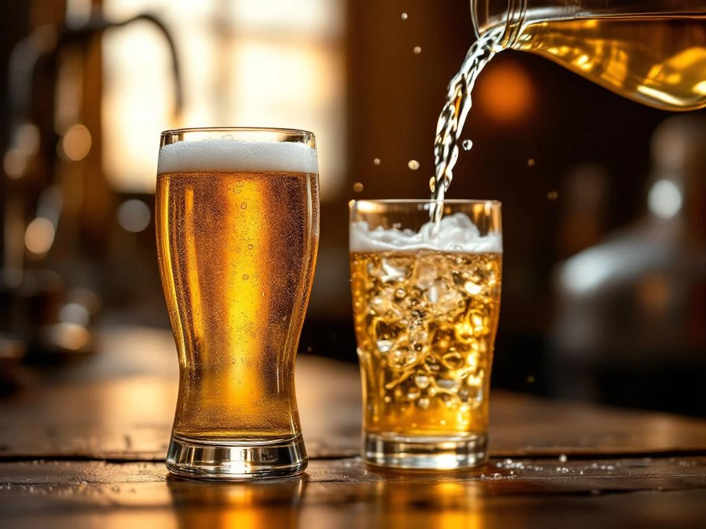 Glas alcoholvrij bier met opstijgende belletjes naast karaf water dat in tweede glas wordt geschonken, op houten bar met brouwapparatuur op achtergrond.