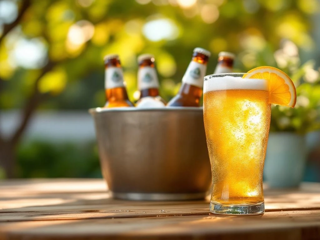 Berijpt glas alcoholvrij bier met condensdruppels op houten buitentafel, omringd door flessen in ijsemmer. Zomertuin op achtergrond met gouden avondlicht en citroengarnituur.