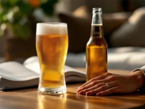 Recepten en Blog 3 Glas 0.0% alcoholvrij bier met romige schuimkraag naast zwangerschapsboek, vrouwenhand met trouwring in warme woonkamer.