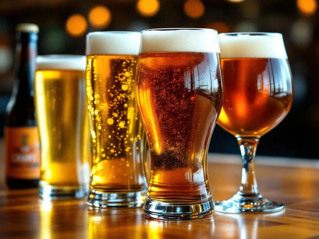 Diverse glazen alcoholvrij bier op houten bar, waaronder pilsner, weizen, mok en tulpglas, elk met onderscheidende kleur en verfrissende bubbels.