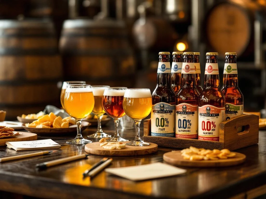 Elegante tafelopstelling voor alcoholvrije bierproeverij met diverse ambachtelijke "0.0%" bieren, kristallen proefglazen en bijpassende hapjes op houten planken.
