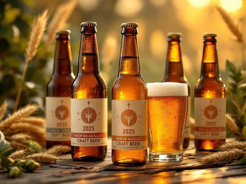 Elegante alcoholvrije ambachtelijke bierflesjes op houten tafel met gegoten glas, moderne etiketten en 2025 brouw-innovaties in warm goudkleurig licht.