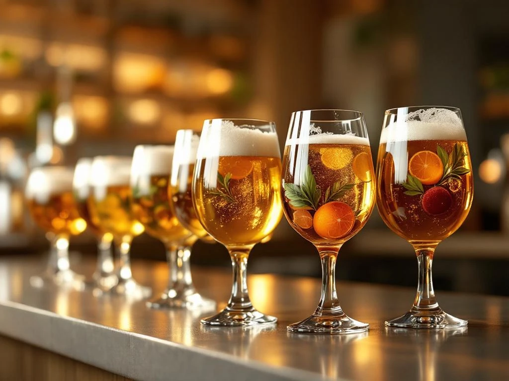 Elegante futuristische alcoholvrije bierglazen in goud- tot ambertinten op houten bar, gegarneerd met kruiden en citrus, met rijke schuimkragen en brouwapparatuur op achtergrond.