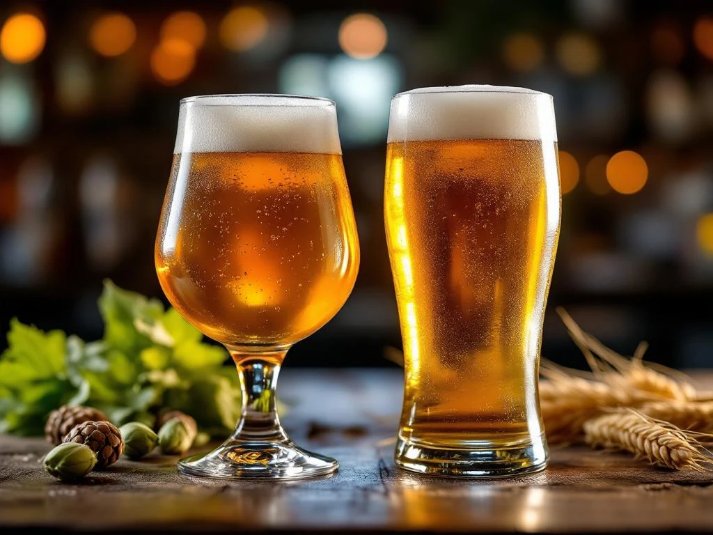 Twee alcoholvrije bieren op houten bar: een troebele amber IPA in tulpglas en heldere gouden pilsner in pilsnerglas, met hop en gerst op achtergrond.