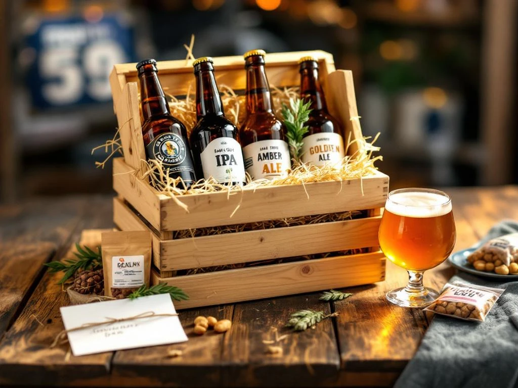 Ambachtelijk bierpakket in houten kist met stout, IPA en ale, bierglas, nootjes en handgeschreven kaart op rustieke tafel