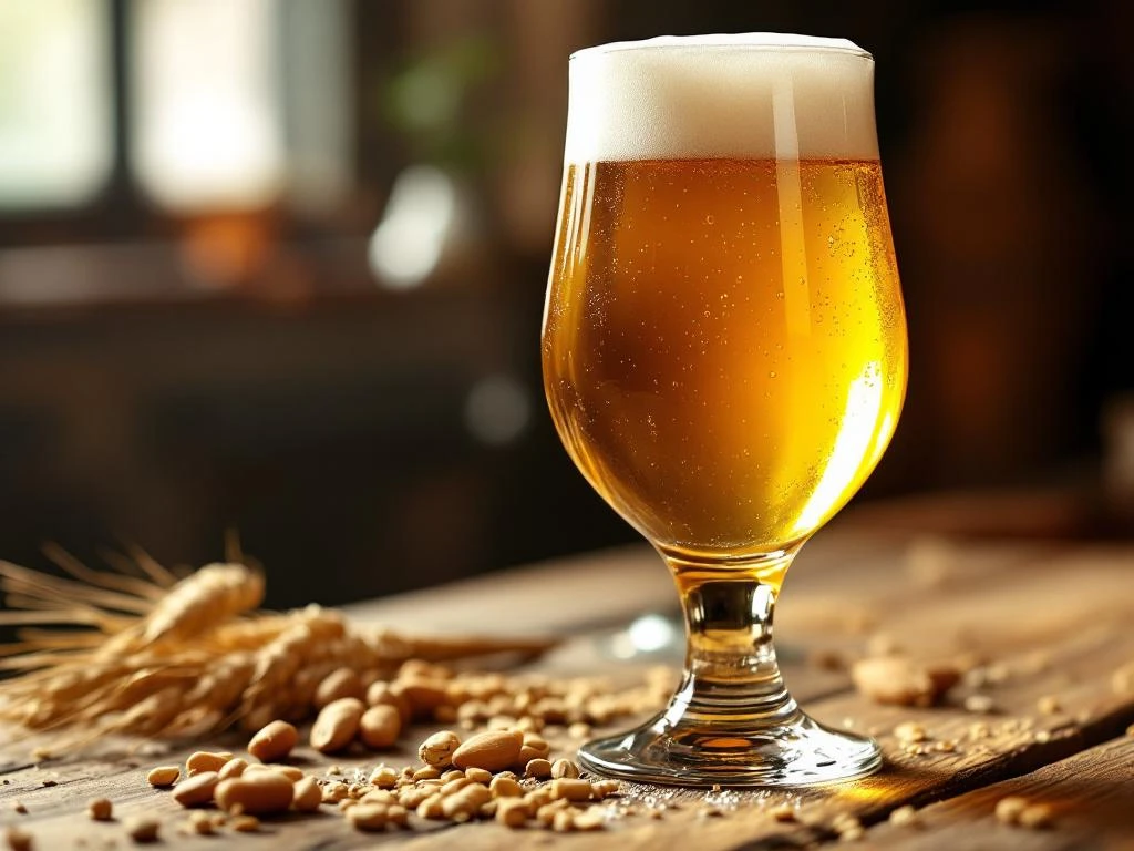 Waar staat tripel voor bij bier? 6 Gouden-amberkleurige Belgische tripel in elegant tulpvormig glas met romig schuim op een rustieke houten abdij-tafel